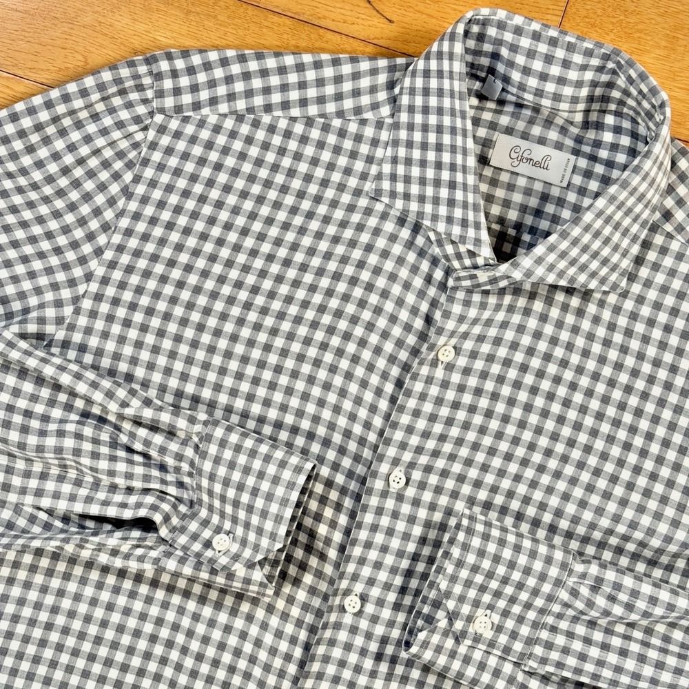 Cifonelli Mens Large Grey Gingham Cotton Button Down Shirt Made in Italy